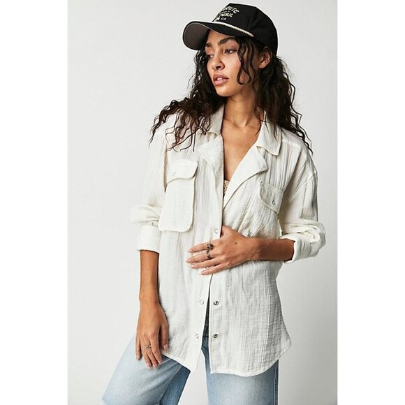Free People $108 We The Free Izzy Cargo Double Cloth Buttondown NEW - Picture 1 of 3